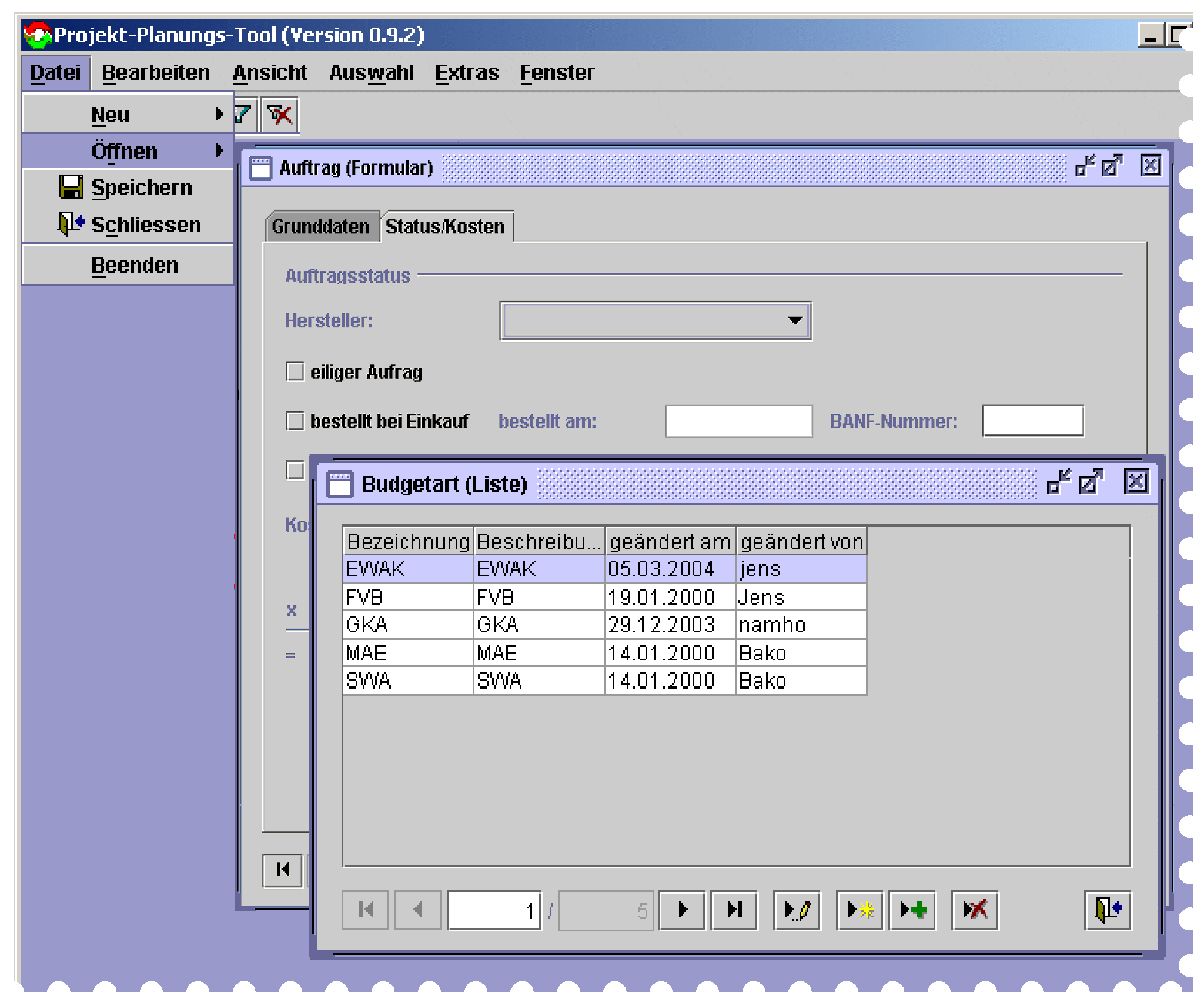 Screenshot einer Java-Anwendung zur Kostenplanung
