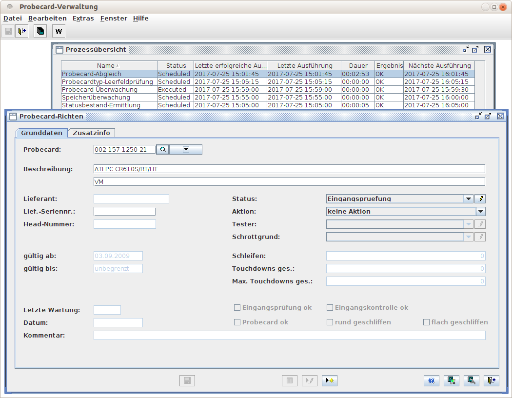 Screenshot einer Java-Anwendung zur Verwaltung von Probe Cards