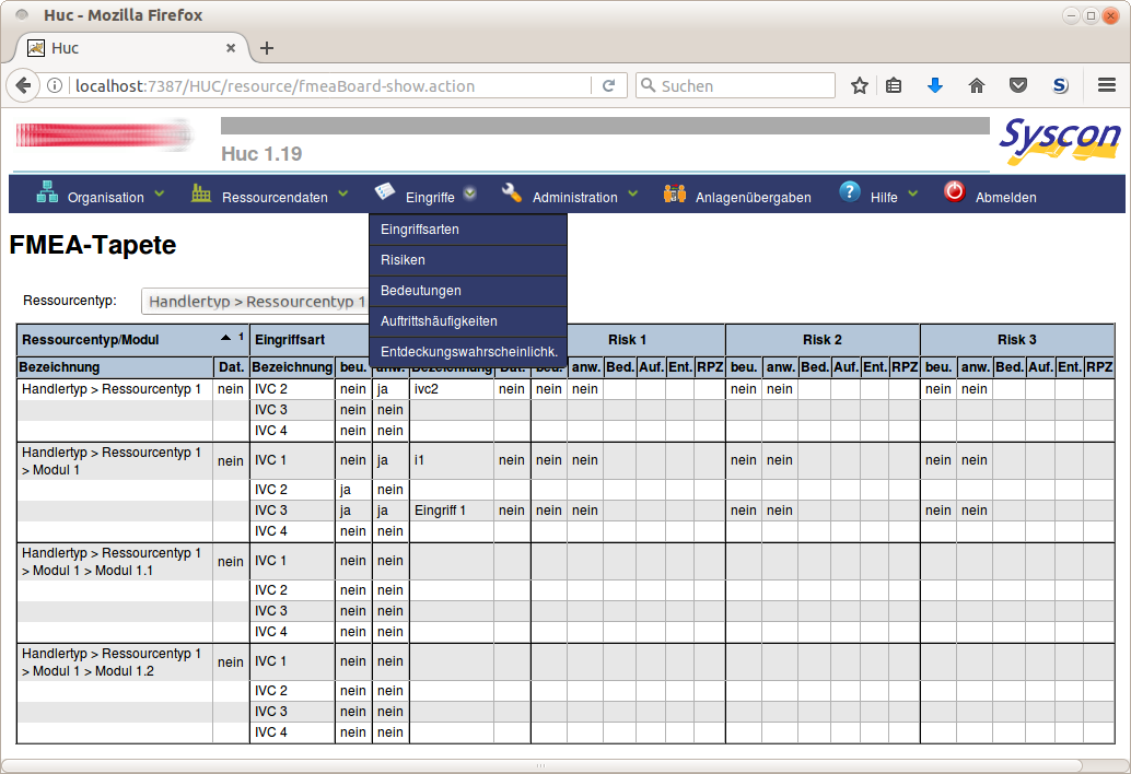 Screenshot einer Software zur Fehlermöglichkeits- und Einflussanalyse